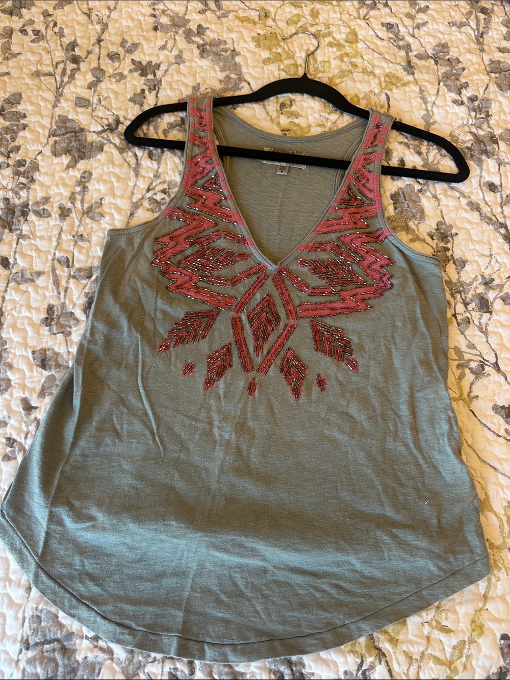Ecote Sage Green V-Neck Tank with Pink Beaded Embellishment